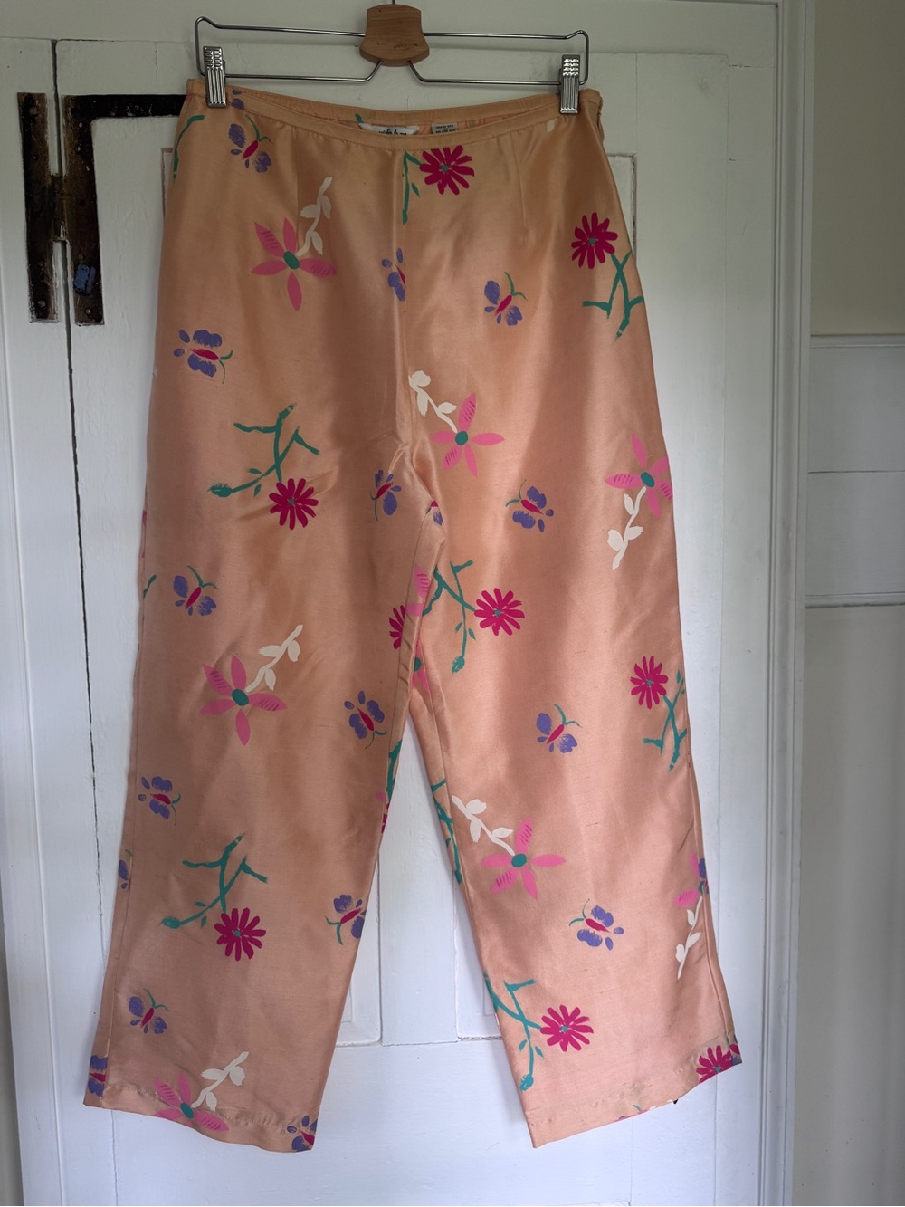 Vintage 90s 100% Silk Floral Butterfly Wide Leg Crop Pants Peach L